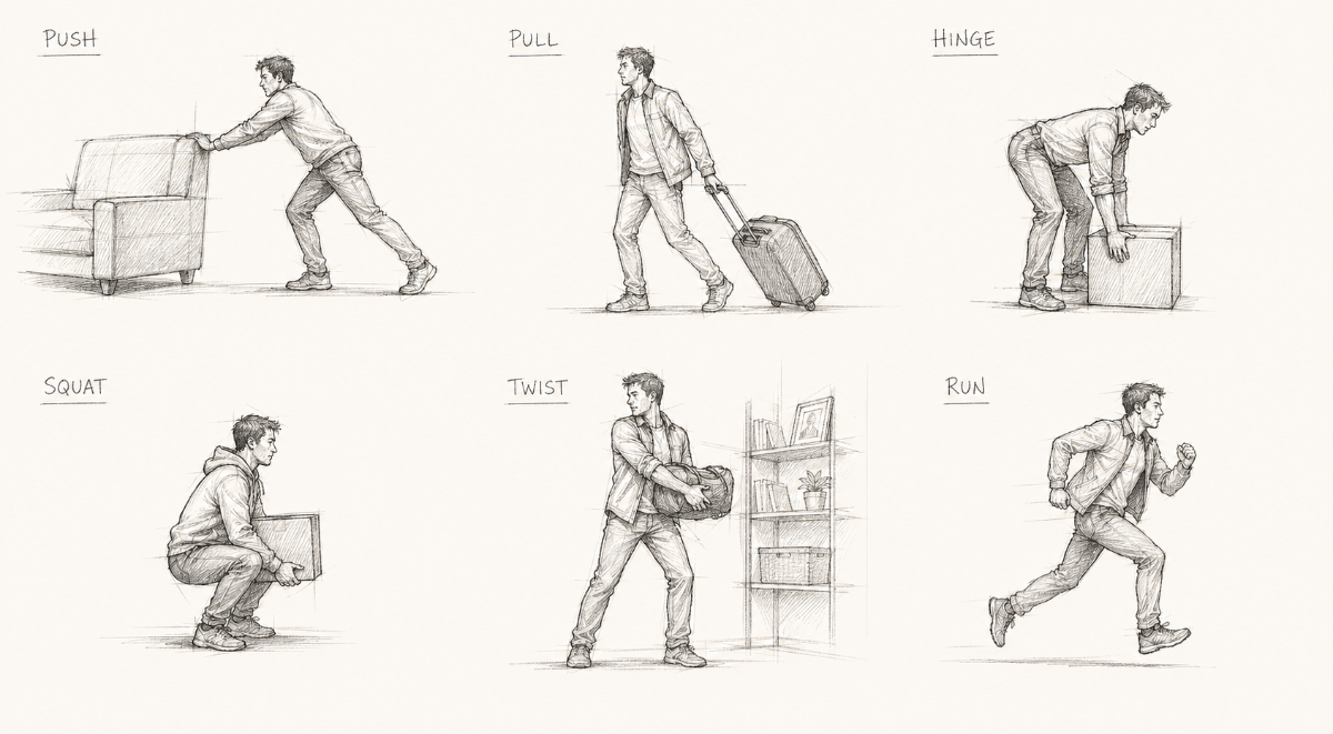 Six planes of movement, hand-drawn